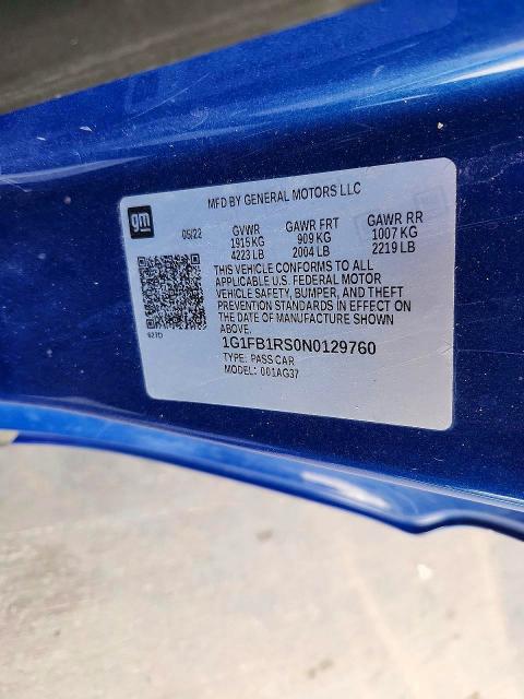 2022 Chevrolet Camaro მანქანა იყიდება აუქციონზე, vin: 1G1FB1RS0N0129760, აუქციონის ნომერი: 68894226
