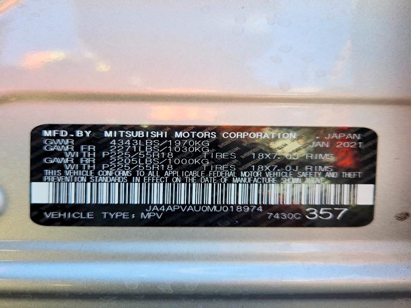 2021 Mitsubishi Outlander Sport მანქანა იყიდება აუქციონზე, vin: JA4APVAU0MU018974, აუქციონის ნომერი: 67464846