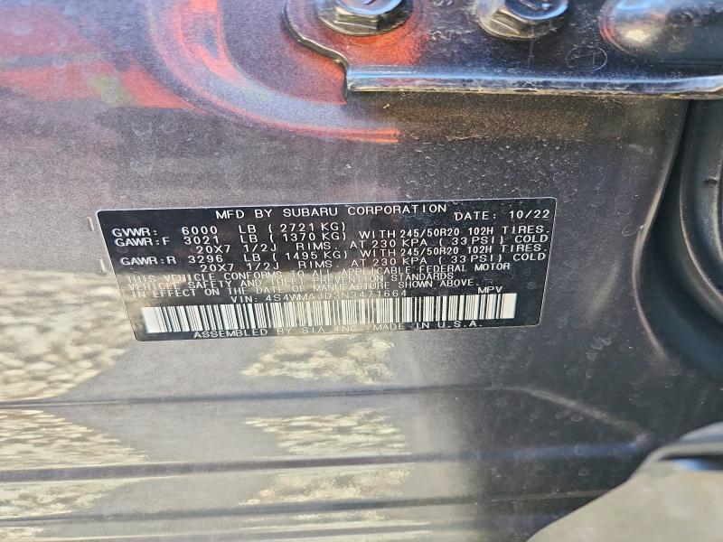 67663206 :رقم المزاد ، 4S4WMAJD3N3471664 vin ، 2022 Subaru Ascent مزاد بيع