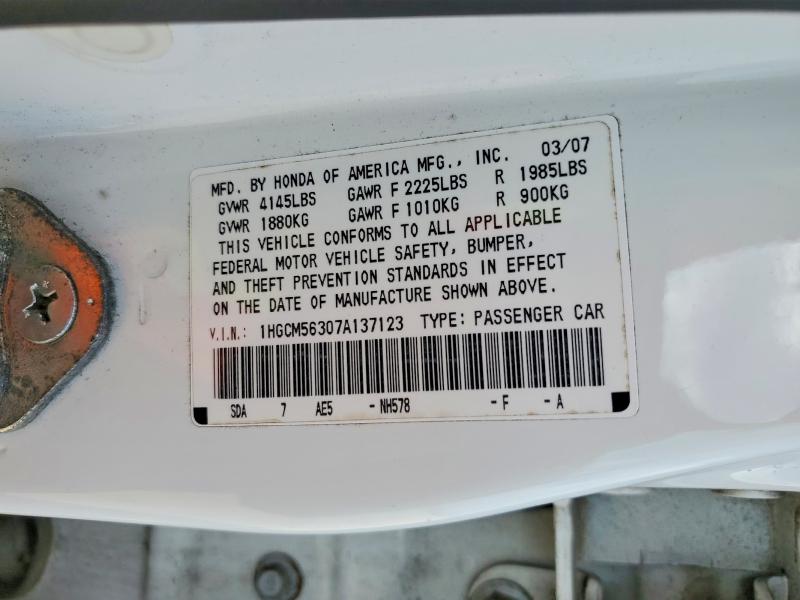 Продаж на аукціоні авто 2007 Honda Accord, vin: 1HGCM56307A137123, номер лоту: 70011886