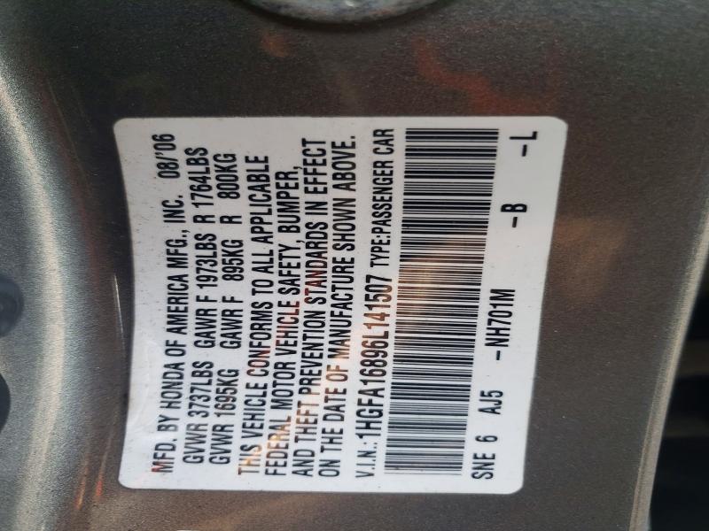 69762806 :رقم المزاد ، 1HGFA16896L141507 vin ، 2006 Honda Civic مزاد بيع