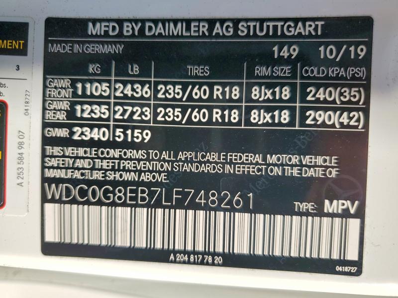 2020 Mercedes-benz Glc მანქანა იყიდება აუქციონზე, vin: WDC0G8EB7LF748261, აუქციონის ნომერი: 70337156
