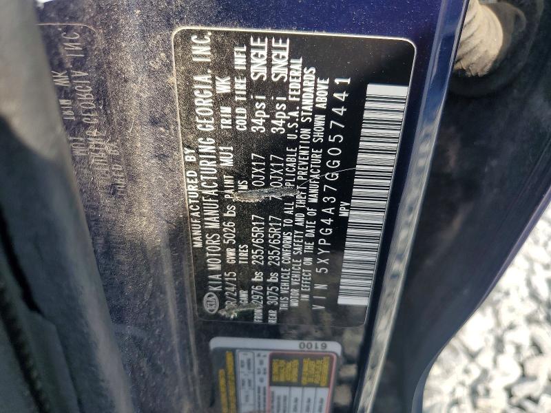 2016 Kia Sorento მანქანა იყიდება აუქციონზე, vin: 5XYPG4A37GG057441, აუქციონის ნომერი: 67237126
