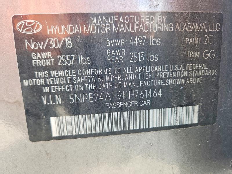 2019 Hyundai Sonata მანქანა იყიდება აუქციონზე, vin: 5NPE24AF9KH761464, აუქციონის ნომერი: 67652746