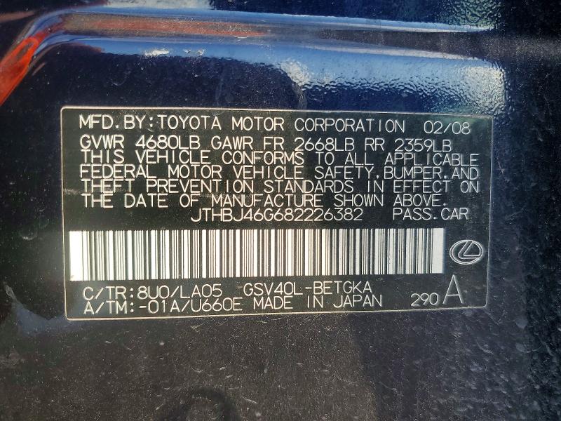 Aukcja sprzedaży 2008 Lexus Es, vin: JTHBJ46G682226382, numer aukcji: 68733976