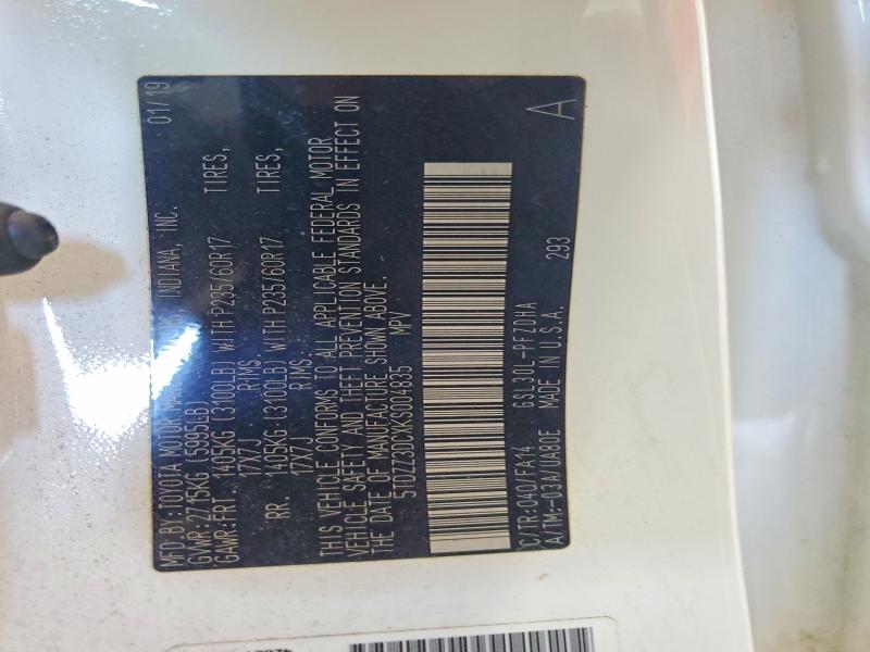 69585926 :رقم المزاد ، 5TDZZ3DCXKS004835 vin ، 2019 Toyota Sienna مزاد بيع