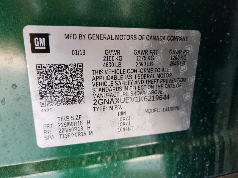 Aukcja sprzedaży 2019 Chevrolet Equinox, vin: 2GNAXUEV1K6219644, numer aukcji: 69857236