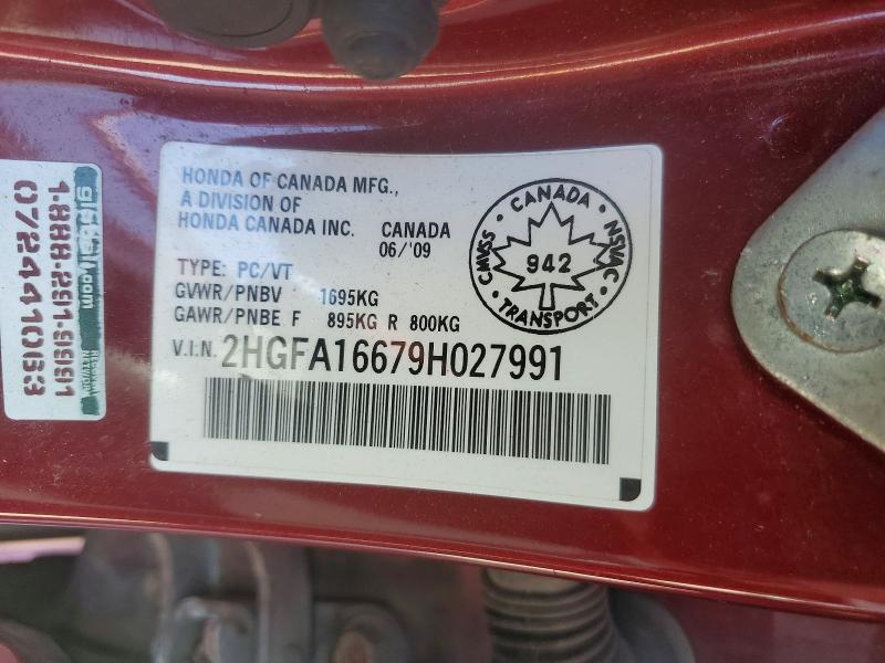 2009 Honda Civic მანქანა იყიდება აუქციონზე, vin: 2HGFA16679H027991, აუქციონის ნომერი: 69596666