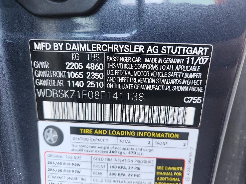 Продаж на аукціоні авто 2008 Mercedes-benz Sl, vin: WDBSK71F08F141138, номер лоту: 69408316
