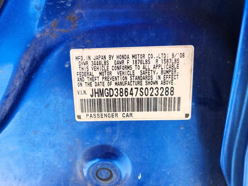 69983236 :رقم المزاد ، JHMGD38647S023288 vin ، 2007 Honda Fit مزاد بيع