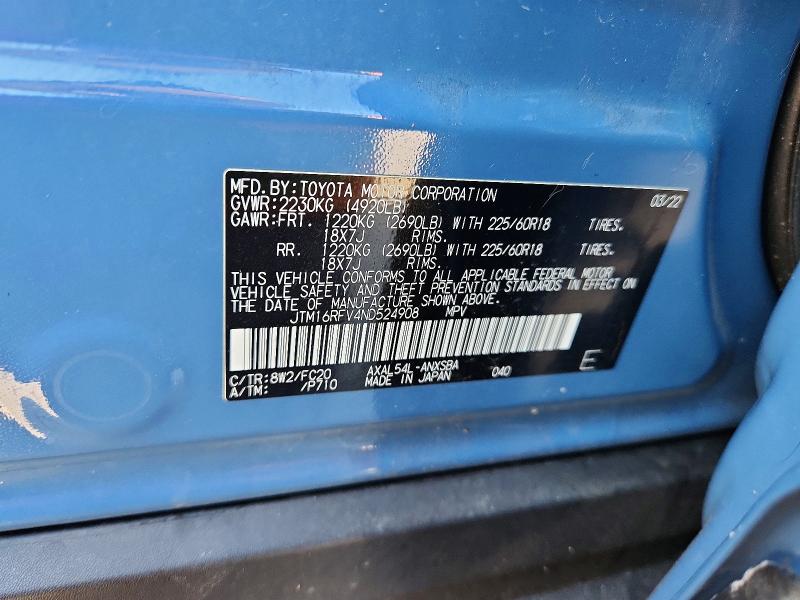 67485836 :رقم المزاد ، JTM16RFV4ND524908 vin ، 2022 Toyota Rav4 مزاد بيع
