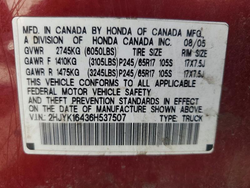 Auction sale of the 2006 Honda Ridgeline, vin: 2HJYK16436H537507, lot number: 69450726
