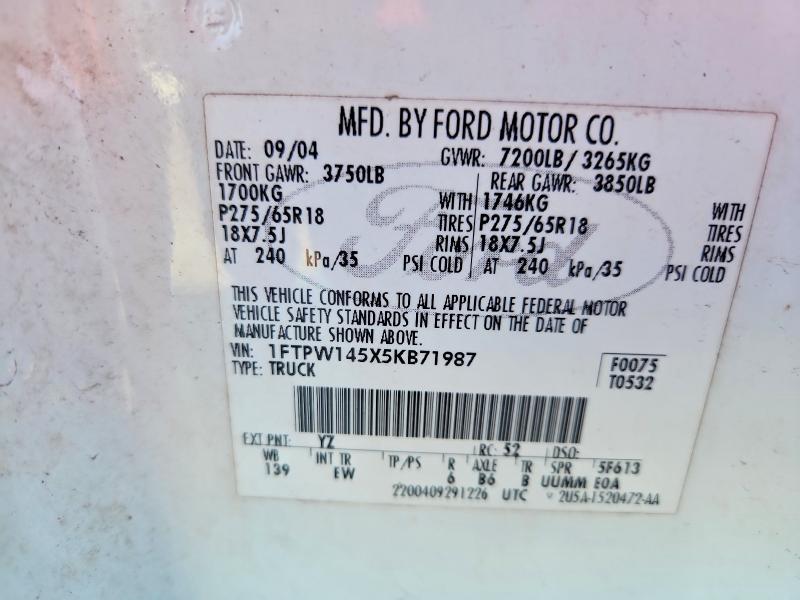2005 Ford F150 მანქანა იყიდება აუქციონზე, vin: 1FTPW145X5KB71987, აუქციონის ნომერი: 70599306