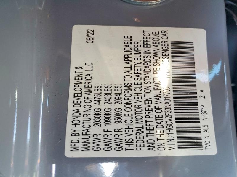 Aukcja sprzedaży 2022 Honda Accord, vin: 1HGCV2F33NA017700, numer aukcji: 67690836