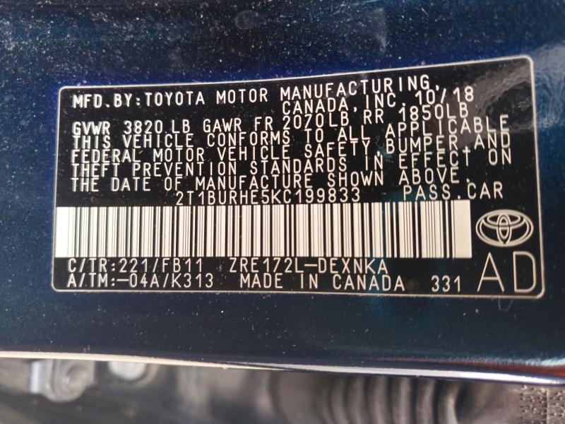 2019 Toyota Corolla მანქანა იყიდება აუქციონზე, vin: 2T1BURHE5KC199833, აუქციონის ნომერი: 69749466
