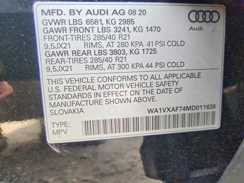 Aukcja sprzedaży 2021 Audi Q7, vin: WA1VXAF74MD011636, numer aukcji: 70064696