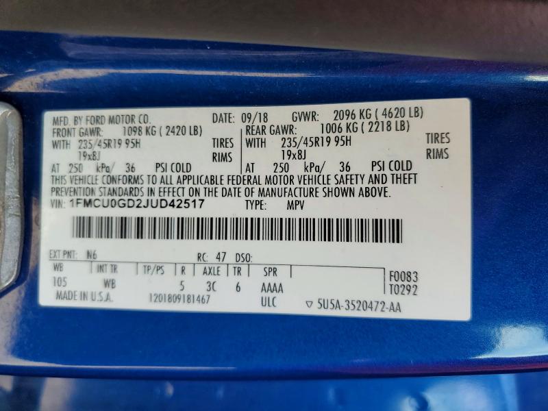 68970326 :رقم المزاد ، 1FMCU0GD2JUD42517 vin ، 2018 Ford Escape مزاد بيع