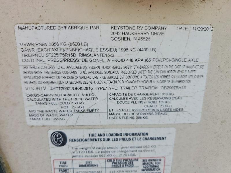 68264466 :رقم المزاد ، 4YDT29922DB452815 vin ، 2013 Keystone Outbakloft مزاد بيع