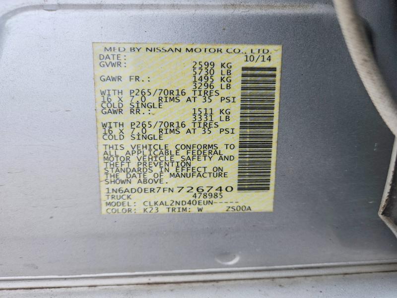 2015 Nissan Frontier მანქანა იყიდება აუქციონზე, vin: 1N6AD0ER7FN726740, აუქციონის ნომერი: 69554326