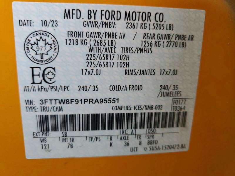 Продаж на аукціоні авто 2023 Ford Maverick, vin: 3FTTW8F91PRA95551, номер лоту: 69909726