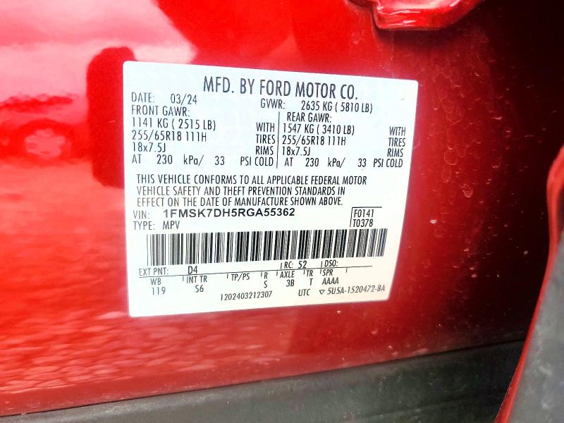 67878946 :رقم المزاد ، 1FMSK7DH5RGA55362 vin ، 2024 Ford Explorer مزاد بيع
