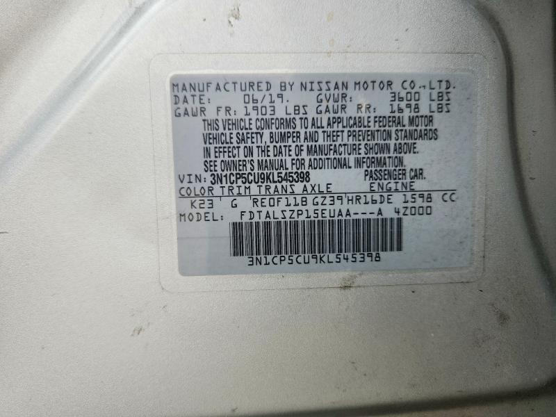 69607706 :رقم المزاد ، 3N1CP5CU9KL545398 vin ، 2019 Nissan Kicks مزاد بيع