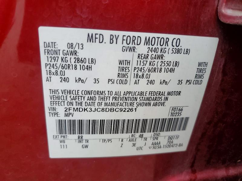 68188626 :رقم المزاد ، 2FMDK3JC8DBC92261 vin ، 2013 Ford Edge مزاد بيع