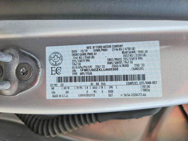 Продаж на аукціоні авто 2020 Ford Escape, vin: 1FMCU9DZXLUA60360, номер лоту: 67160396
