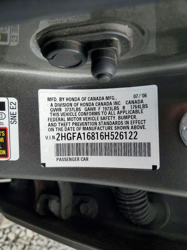 68151556 :رقم المزاد ، 2HGFA16816H526122 vin ، 2006 Honda Civic مزاد بيع