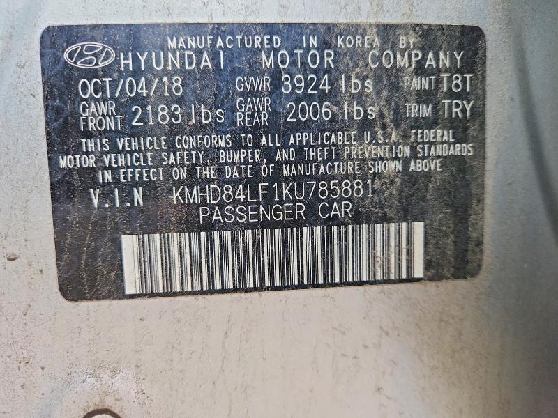 2019 Hyundai Elantra მანქანა იყიდება აუქციონზე, vin: KMHD84LF1KU785881, აუქციონის ნომერი: 70612396