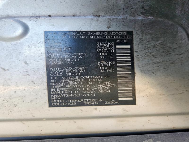70258136 :رقم المزاد ، KNMAT2MV1GP701211 vin ، 2016 Nissan Rogue مزاد بيع