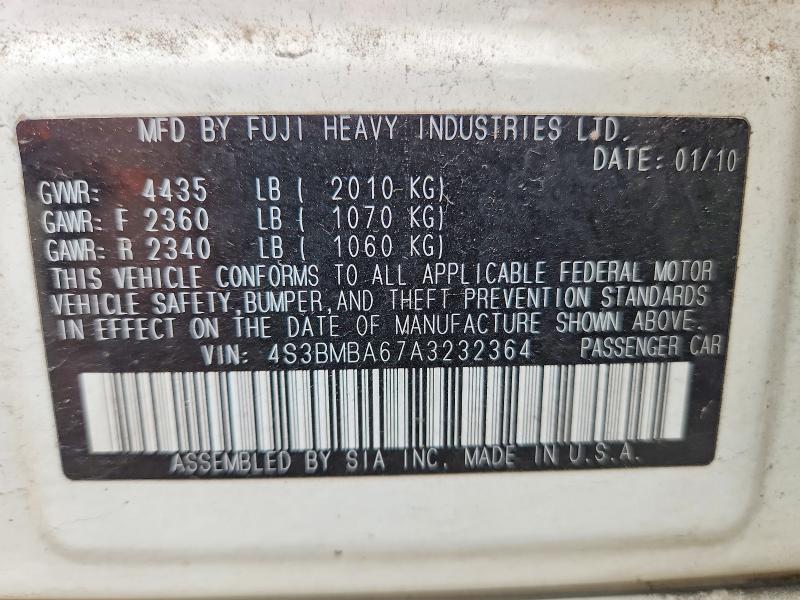 2010 Subaru Legacy მანქანა იყიდება აუქციონზე, vin: 4S3BMBA67A3232364, აუქციონის ნომერი: 69444346