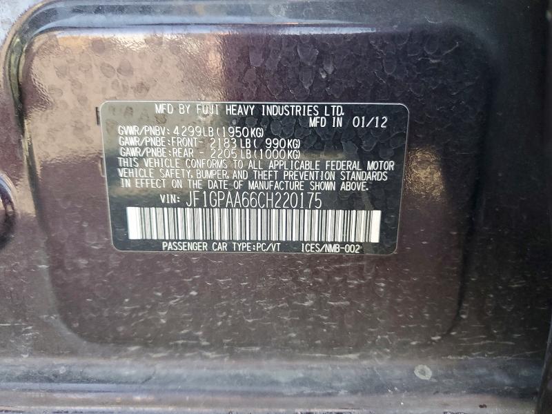 Продаж на аукціоні авто 2012 Subaru Impreza, vin: JF1GPAA66CH220175, номер лоту: 67547716