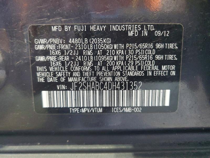 Продаж на аукціоні авто 2013 Subaru Forester, vin: JF2SHABC4DH431352, номер лоту: 67834286