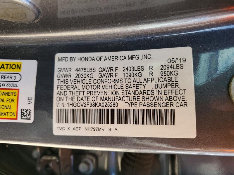 Продажа на аукционе авто 2019 Honda Accord, vin: 1HGCV2F98KA025260, номер лота: 68186956