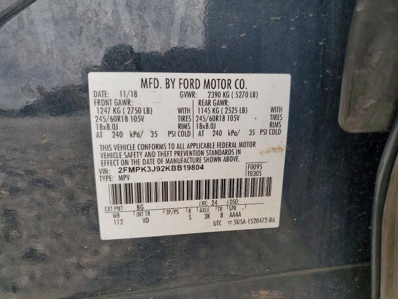 69645046 :رقم المزاد ، 2FMPK3J92KBB19804 vin ، 2019 Ford Edge مزاد بيع