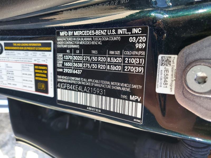 69359596 :رقم المزاد ، 4JGFB4KE4LA215931 vin ، 2020 Mercedes-benz Gle مزاد بيع