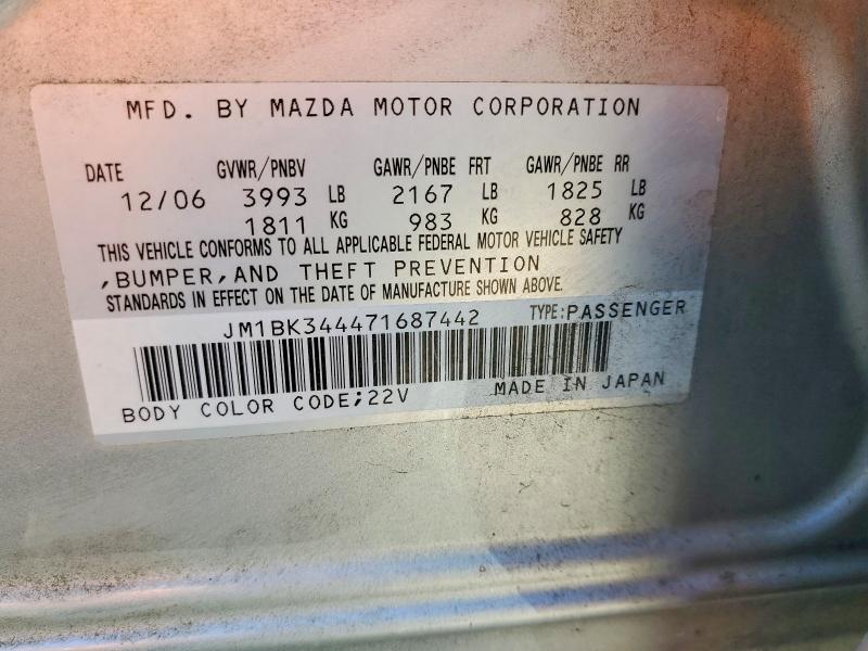 69427106 :رقم المزاد ، JM1BK344471687442 vin ، 2007 Mazda 3 مزاد بيع