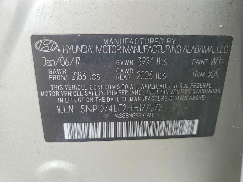 71089296 :رقم المزاد ، 5NPD74LF2HH177572 vin ، 2017 Hyundai Elantra مزاد بيع