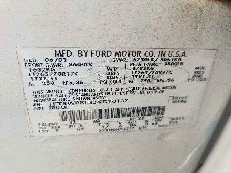 Aukcja sprzedaży 2003 Ford F150, vin: 1FTRW08L43KD70137, numer aukcji: 69842866