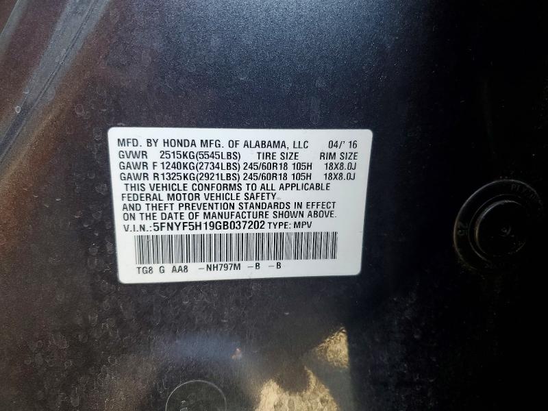 Продаж на аукціоні авто 2016 Honda Pilot, vin: 5FNYF5H19GB037202, номер лоту: 70455166