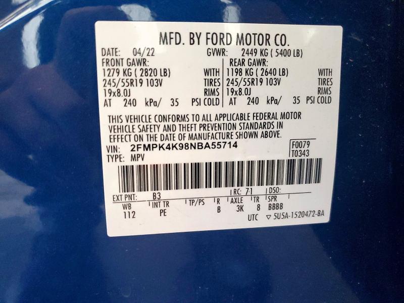 69934476 :رقم المزاد ، 2FMPK4K98NBA55714 vin ، 2022 Ford Edge مزاد بيع