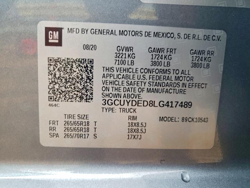 2020 Chevrolet Silverado მანქანა იყიდება აუქციონზე, vin: 3GCUYDED8LG417489, აუქციონის ნომერი: 69858666