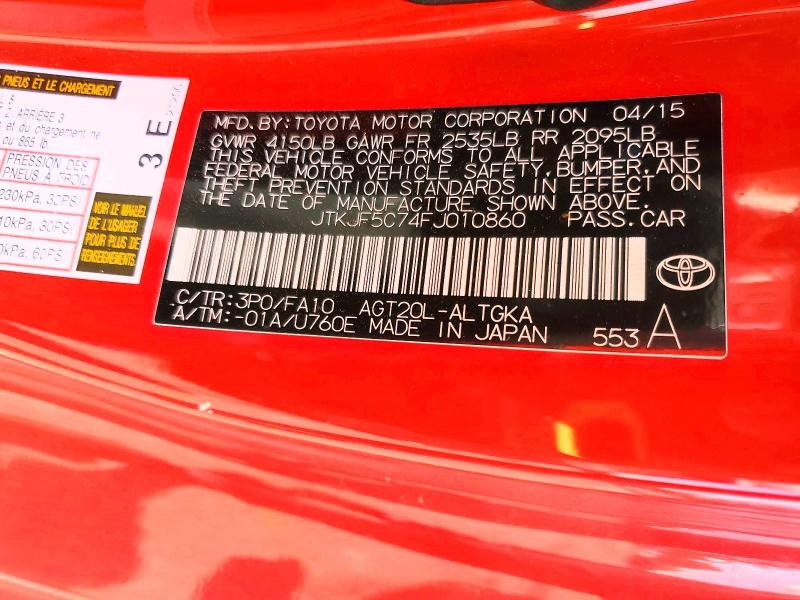67521036 :رقم المزاد ، JTKJF5C74FJ010860 vin ، 2015 Scion Tc مزاد بيع