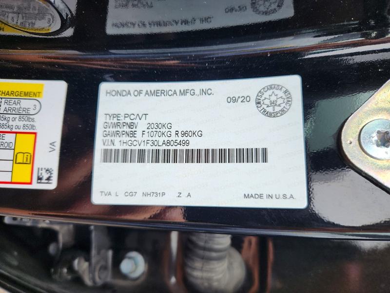 Продаж на аукціоні авто 2020 Honda Accord, vin: 1HGCV1F30LA805499, номер лоту: 65438446