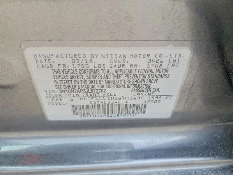 69107696 :رقم المزاد ، 3N1CN7AP3JL872702 vin ، 2018 Nissan Versa مزاد بيع