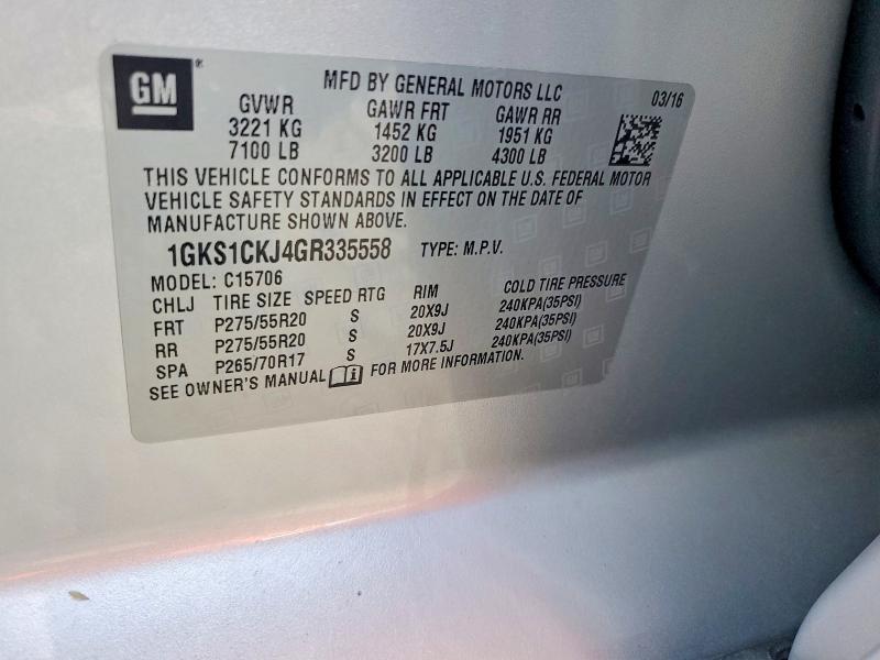 68490876 :رقم المزاد ، 1GKS1CKJ4GR335558 vin ، 2016 Gmc Yukon مزاد بيع