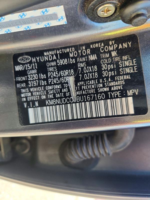 69563896 :رقم المزاد ، KM8NUDCC1BU167160 vin ، 2011 Hyundai Veracruz مزاد بيع