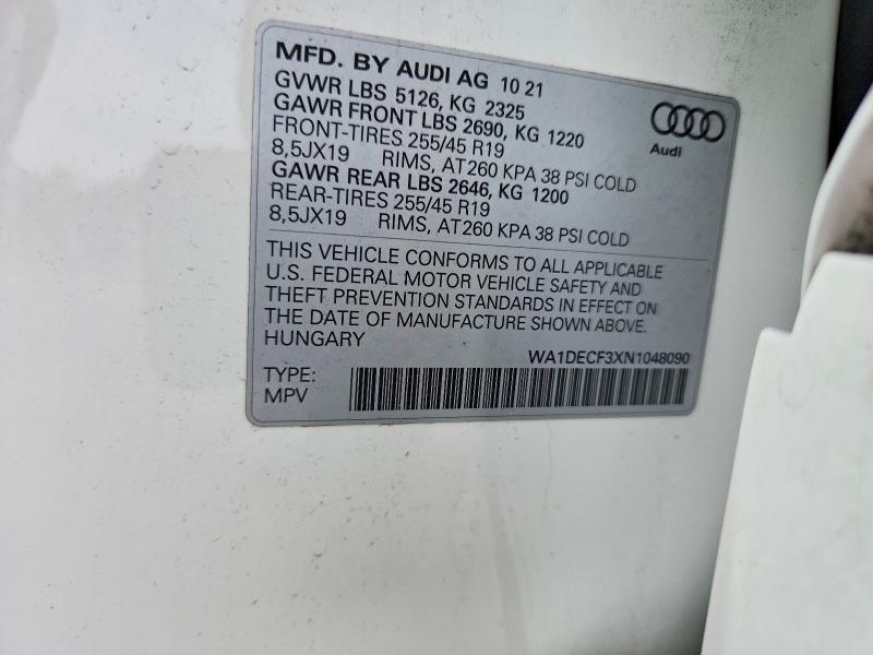 2022 Audi Q3 მანქანა იყიდება აუქციონზე, vin: WA1DECF3XN1048090, აუქციონის ნომერი: 69937486