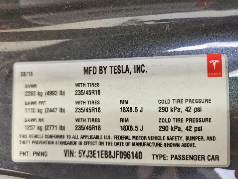 Продажа на аукционе авто 2018 Tesla Model 3, vin: 5YJ3E1EB8JF096140, номер лота: 65326346
